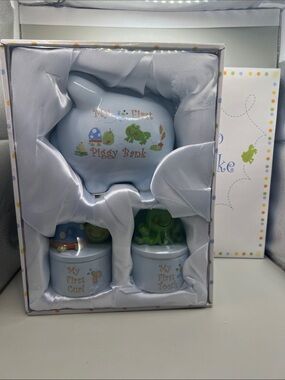 Baby Blue My First Piggy Bank, Tooth, and Curl Memento Set Frog Turtle So Cute!